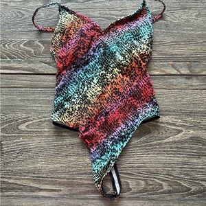 Rainbow animal print bodysuit.